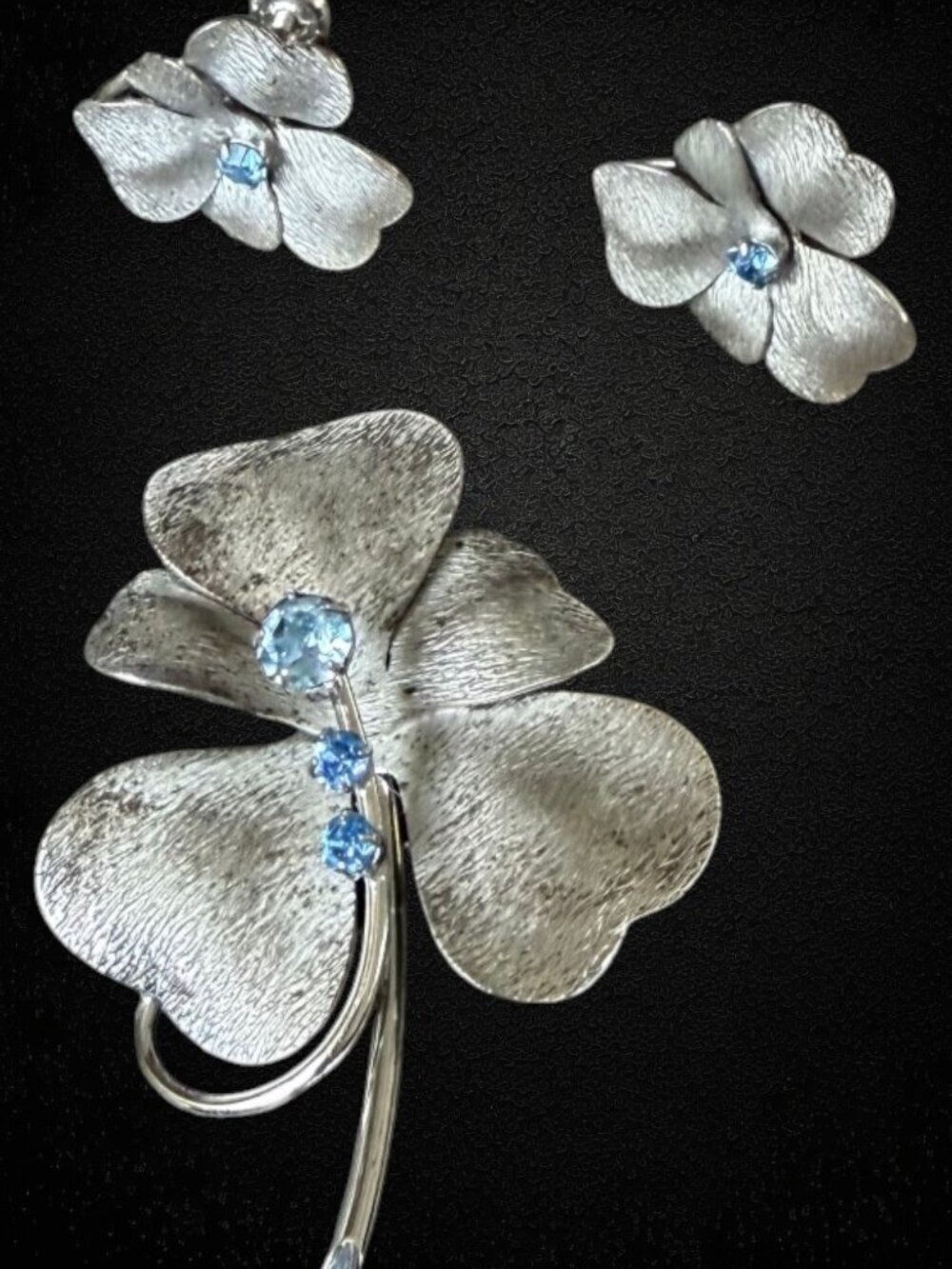 Vintage 60s Carl-Art Sterling Silver Floral Brooch Earrings Blue Rhinestone Set